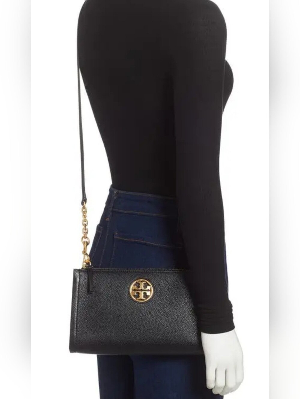 Tory Burch Carson Zip Top Pebbled Leather Crossbody in Black 9"×6"×1"